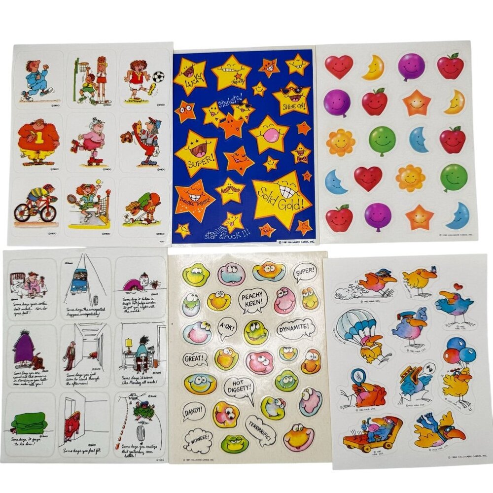 Vtg 80s Sticker Sheet Unused Stars Sports Fruit Bird Balloon Words Booth Retro 2